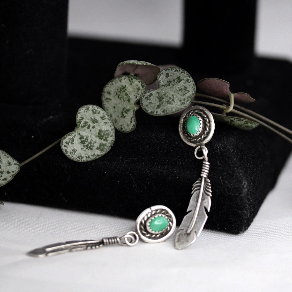 Native American Sterling Silver Malachite Feather Drop Earrings Southwestern 925